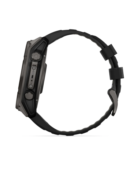 Garmin Fenix 8 – 51 mm Solar Sapphire Karbon Gri DLC Titanyum ve Siyah/Çakıl Grisi Silikon Kayış