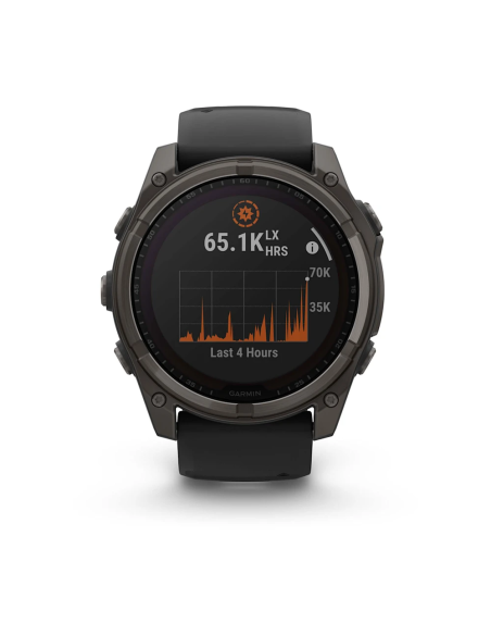 Garmin Fenix 8 – 51 mm Solar Sapphire Karbon Gri DLC Titanyum ve Siyah/Çakıl Grisi Silikon Kayış