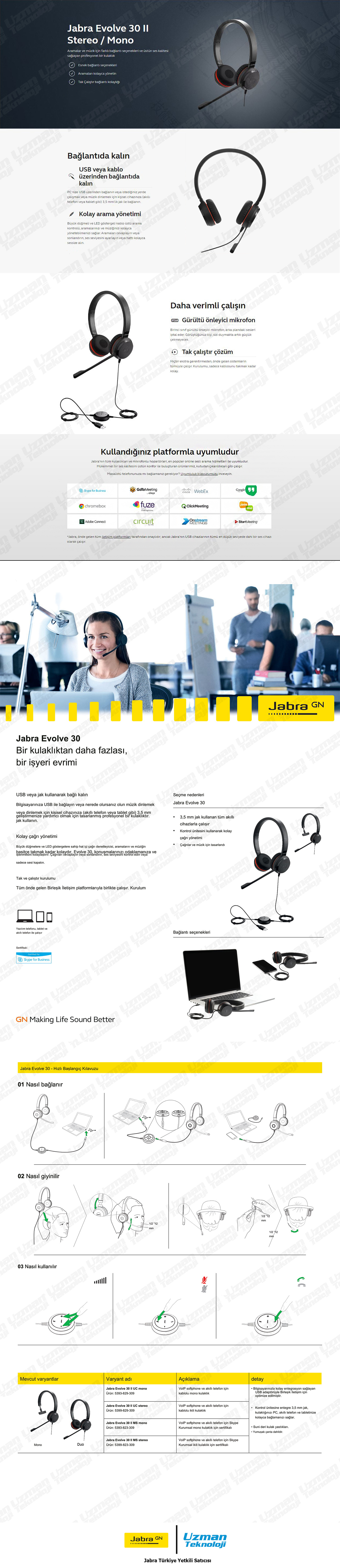 Jabra Evolve 30 II Duo USB MS Kulak Üstü Kulaklık Özellikleri