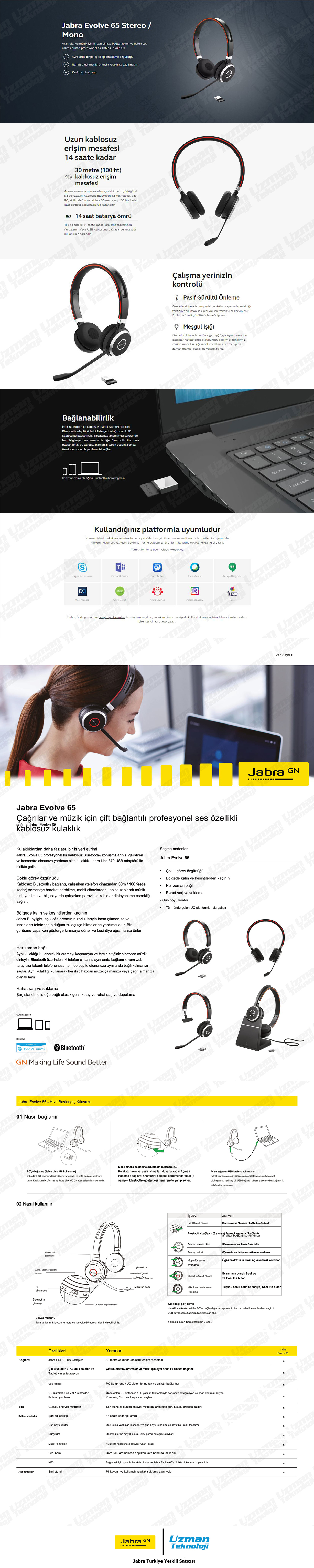 Jabra Evolve 65 Duo USB MS Kablosuz Kulak Üstü Kulaklık Özellikleri