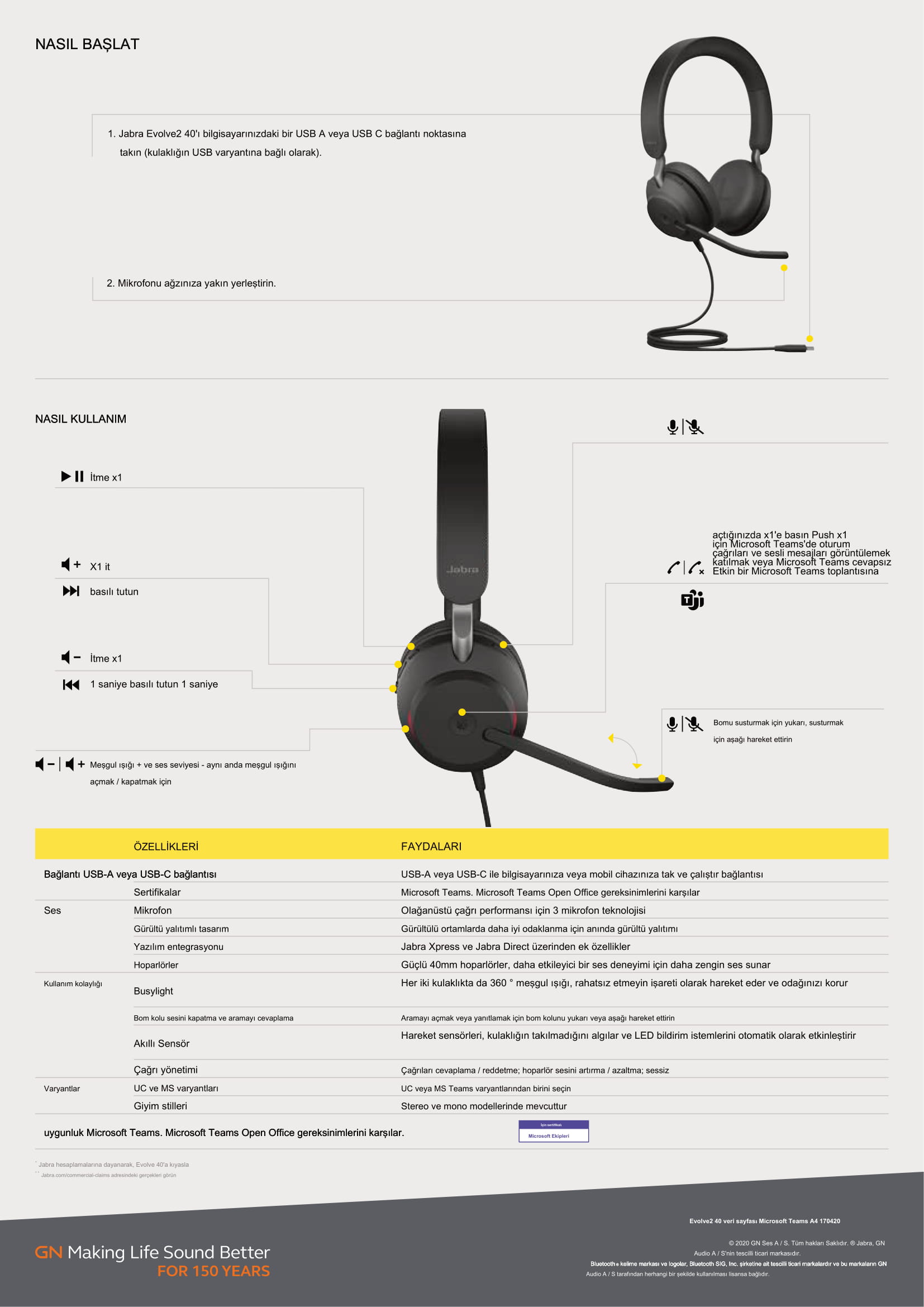 Jabra Evolve2 40 Duo USB-C Kulak Üstü Kulaklık Özellikleri